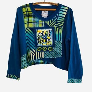 Vtg 90s Surya Boho Crop Top Blue Cotton Beads Butterfly Artisan